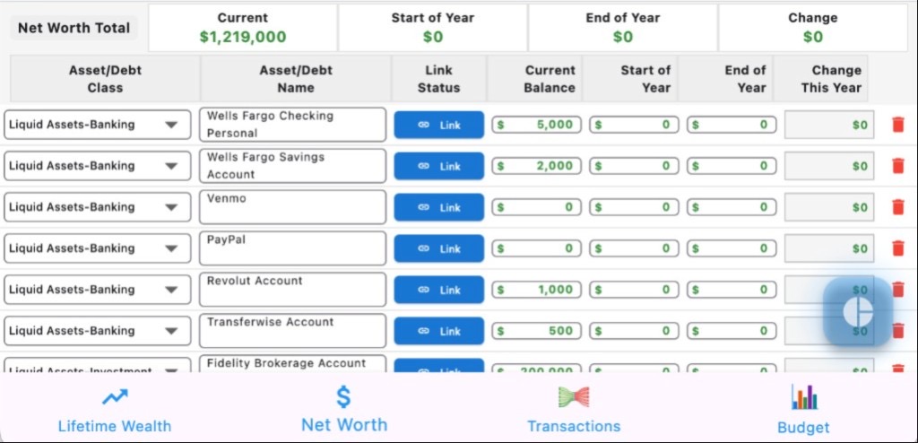 WealthChief net worth—accounts and balances.