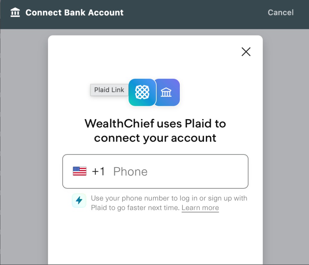 WealthChief in-app screenshot showing the Plaid Link modal: ‘WealthChief uses Plaid to connect your account.’